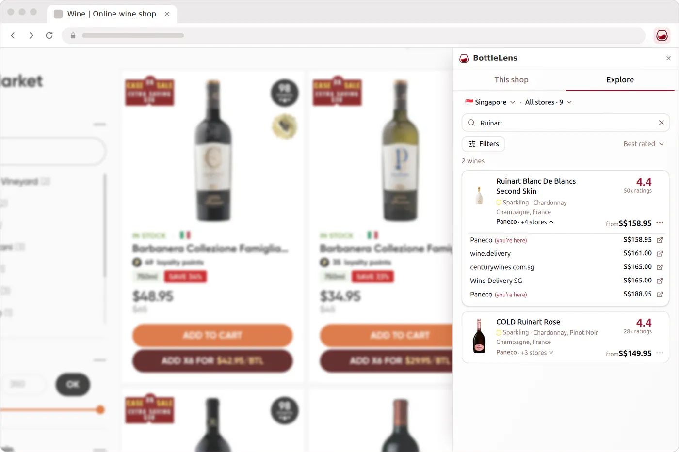 BottleLens comparing one Champagne’s price at five Singapore shops