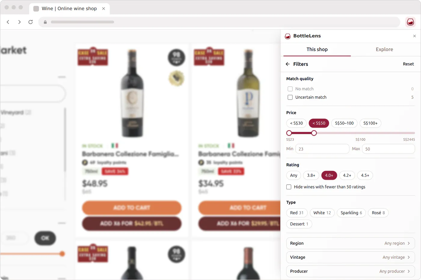 BottleLens filters for price, rating and wine type