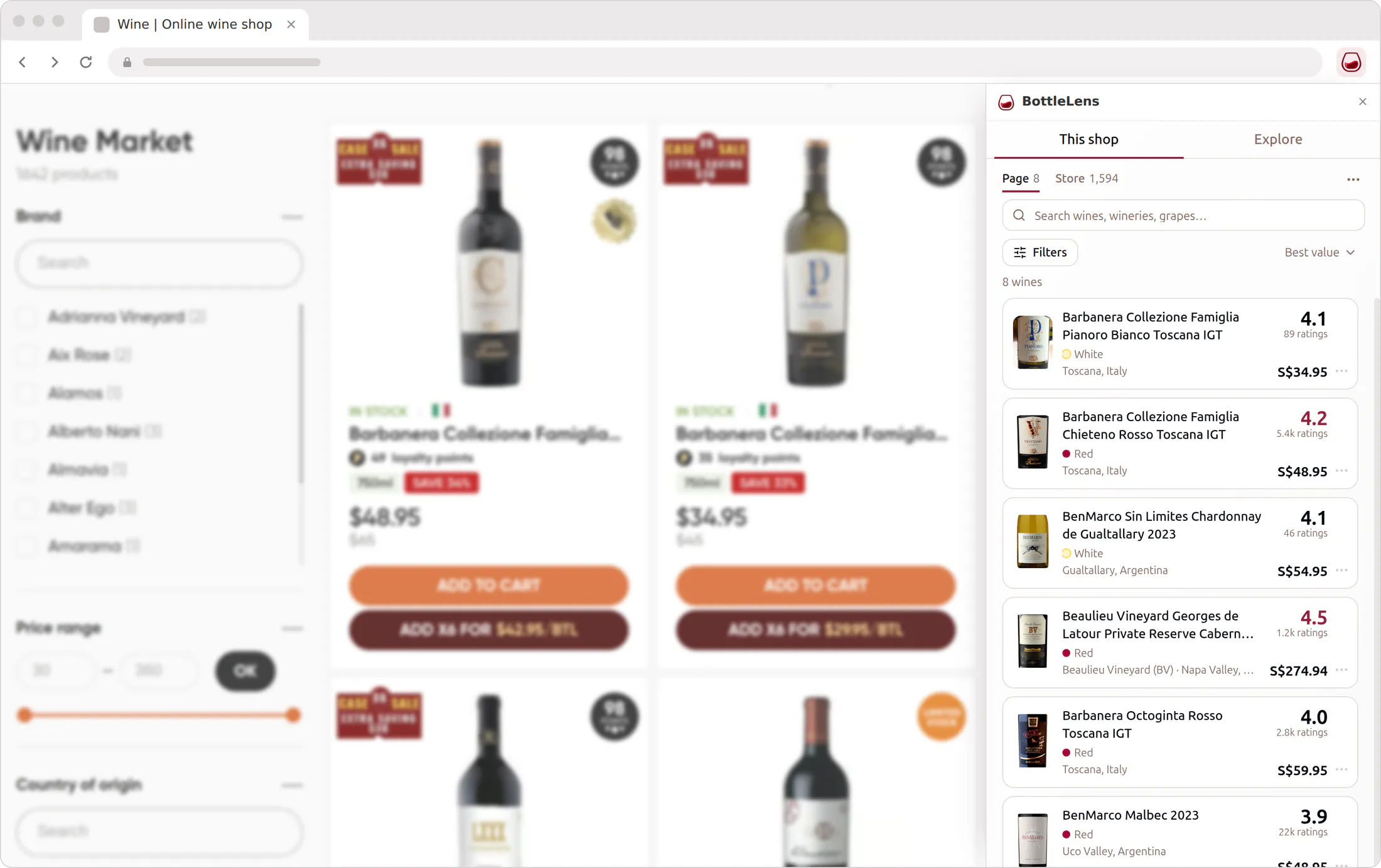 A wine shop in Chrome with the BottleLens side panel listing its wines by score