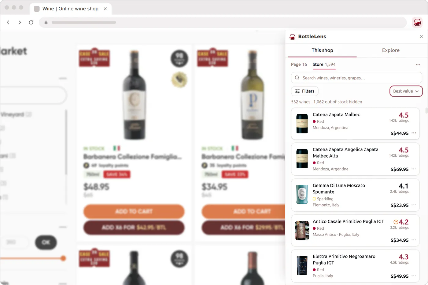 BottleLens listing all 1,594 wines of a shop, sorted by best value